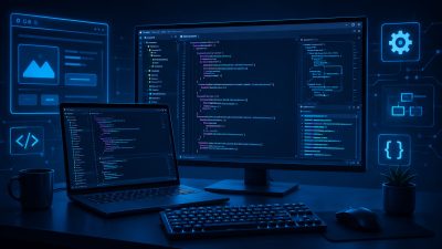 Monitory z kodem i środowiskiem programistycznym ilustrujące kierunek technik programista.