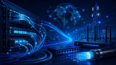 Urządzenia sieciowe i infrastruktura telekomunikacyjna ilustrujące kierunek technik szerokopasmowej komunikacji elektronicznej.