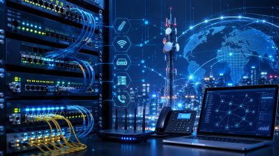 Szafa serwerowa, urządzenia sieciowe i stanowisko komputerowe ilustrujące kierunek technik teleinformatyk.
