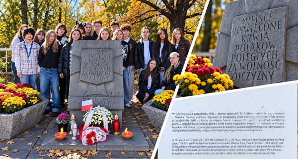 Kolaż przedstawiający uczniów ZSŁ przy miejscu pamięci Polaków poległych za wolność ojczyzny
