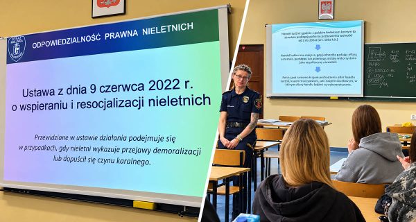 Kolaż z zajęć profilaktyczno-edukacyjnych prowadzonych przez Straż Miejską dla uczniów ZSŁ