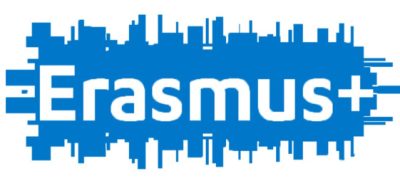 Niebieskie logo Erasmus+ przy informacji o zagranicznych praktykach uczniów ZSŁ w Porto.
