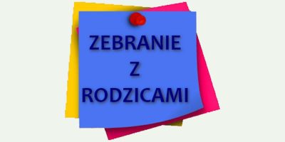 Grafika informacyjna „Zebranie z rodzicami” używana przy komunikatach o spotkaniach z wychowawcami.