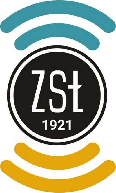Logotyp ZSŁ Warszawa z monogramem i kolorowymi falami radiowymi.